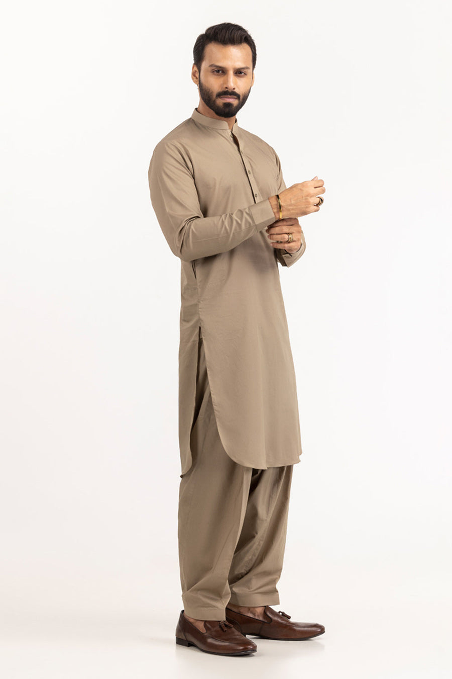 Ivory Cotton Blend 2-Piece Kurta Set | Henley Neckline