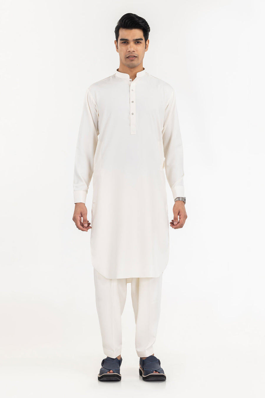 Ivory Cotton Blend 2-Piece Kurta Set | Henley Neckline