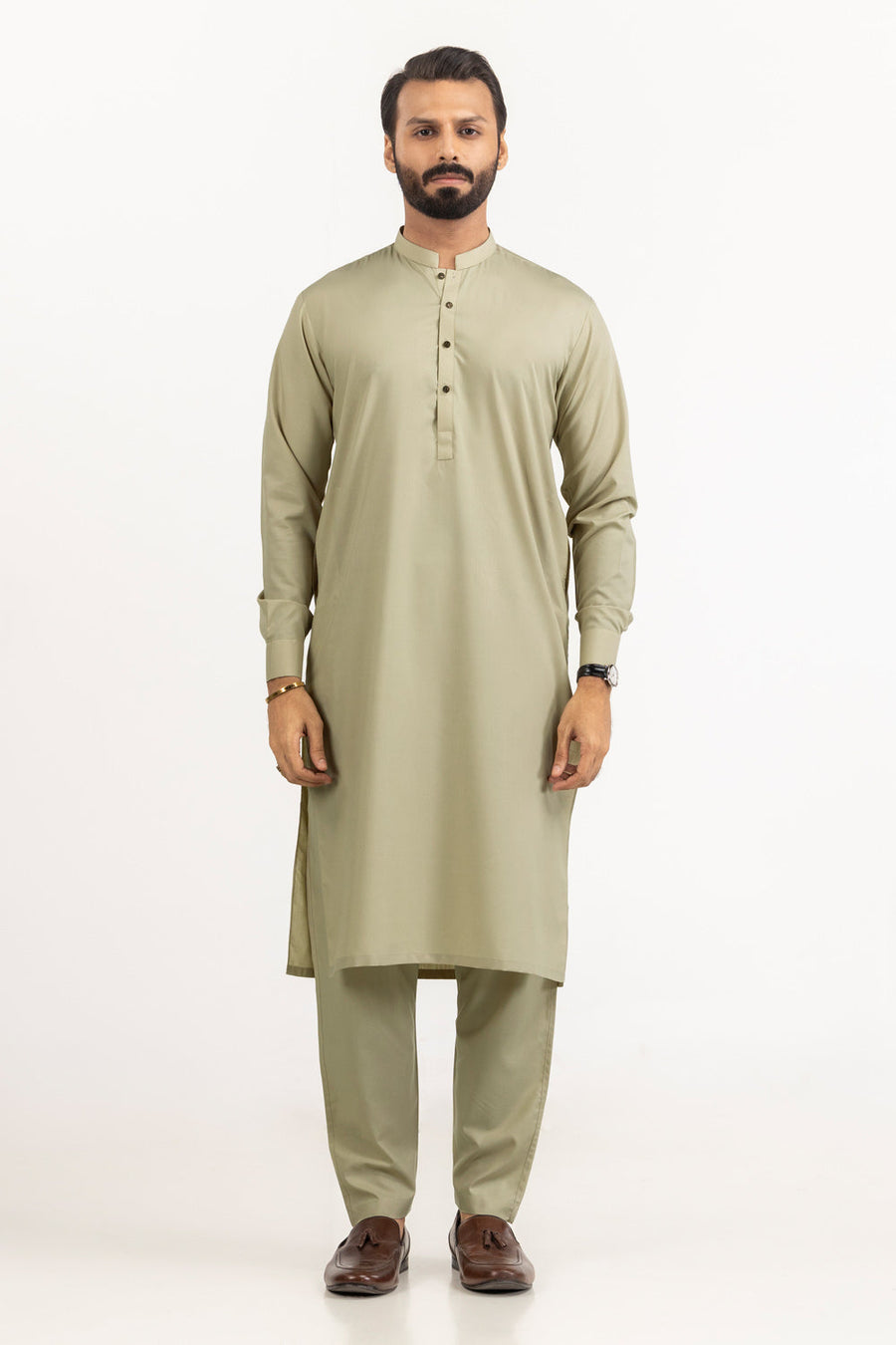 Ivory Cotton Blend 2-Piece Kurta Set | Henley Neckline
