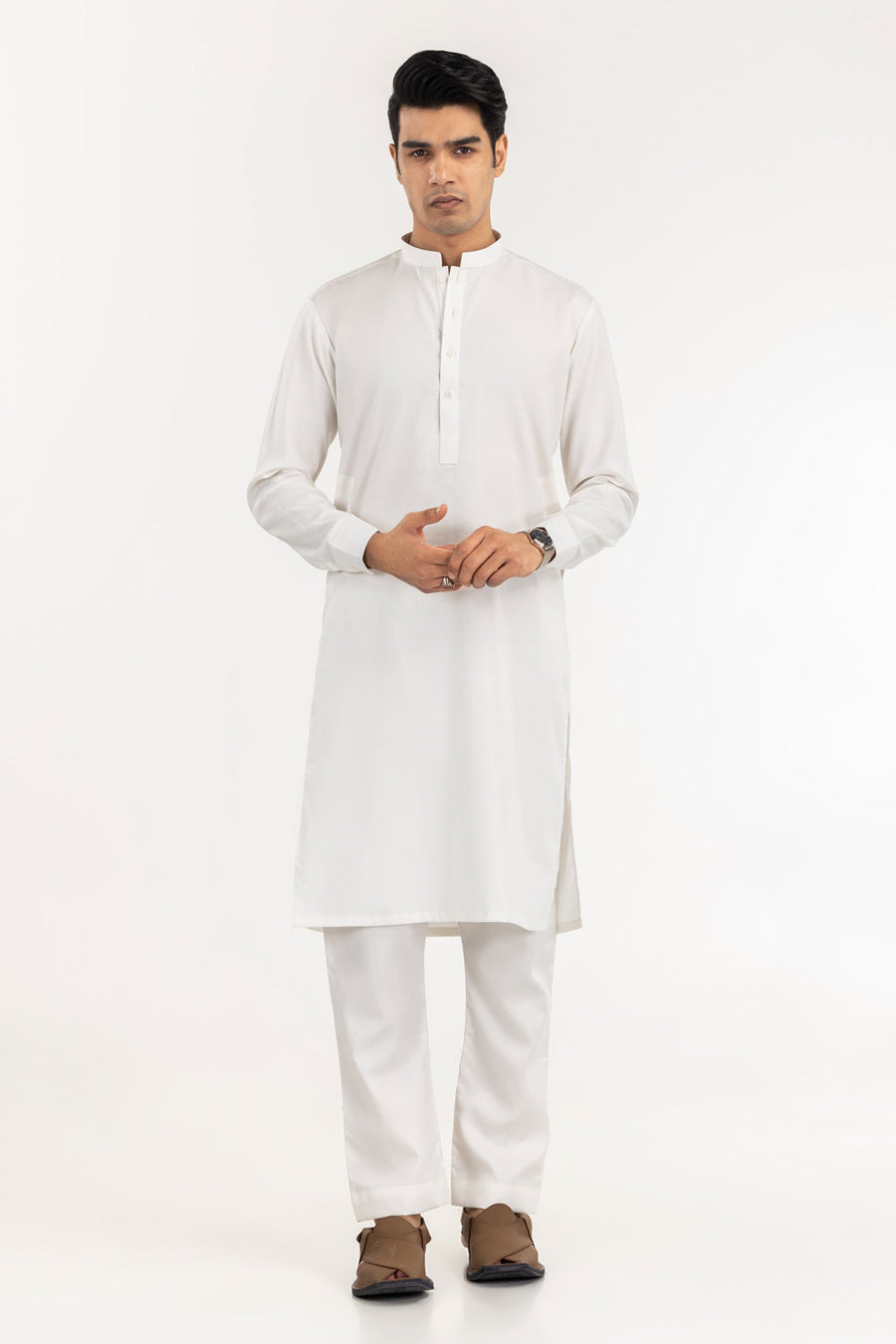 Off-White Cotton Blend 2-Piece Kurta | Mandarin Collar