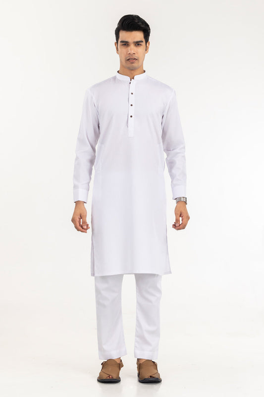 Off-white cotton blend kurta with mandarin collar, button detailing, and straight-cut silhouette