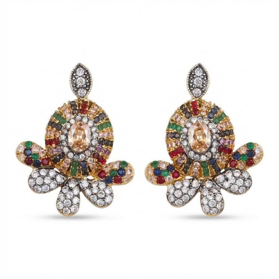 Pair of multicolor floral gemstone stud earrings with champagne central stones and diamond accents on white background