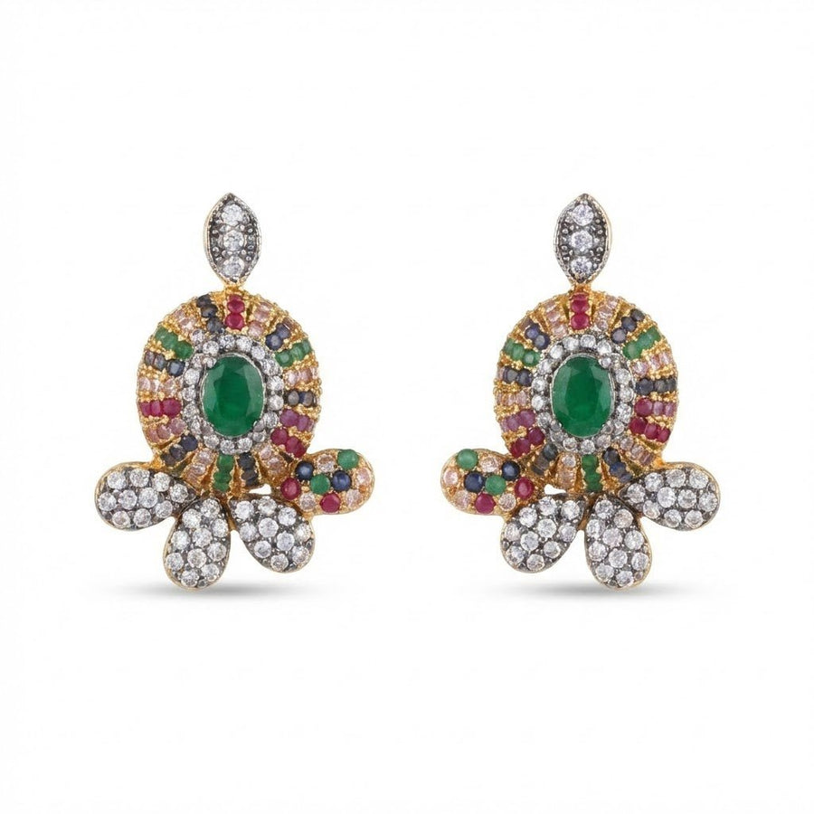Emerald green central gemstone floral stud earrings with diamond accents on white background
