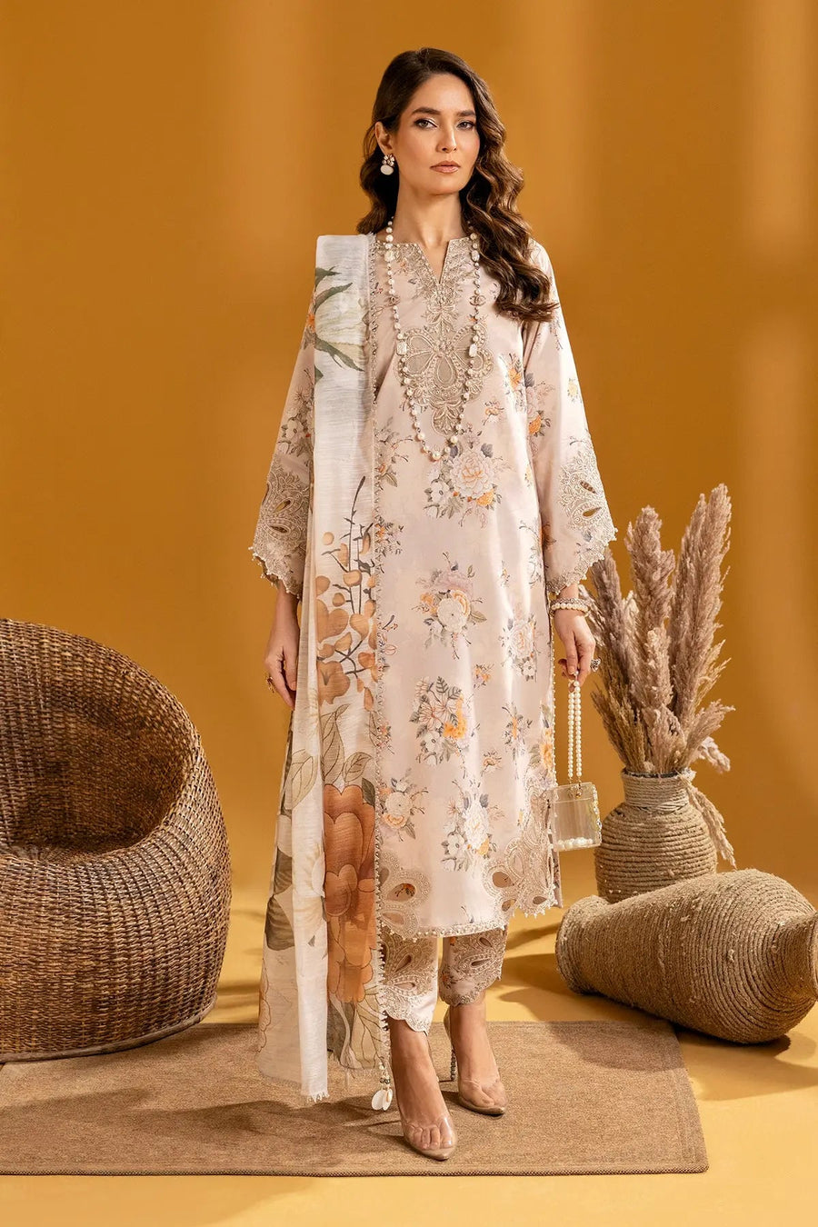 Blush Meadow – Embroidered Floral Printed Lawn 3-Piece Festive Suit - Pehnaawaa