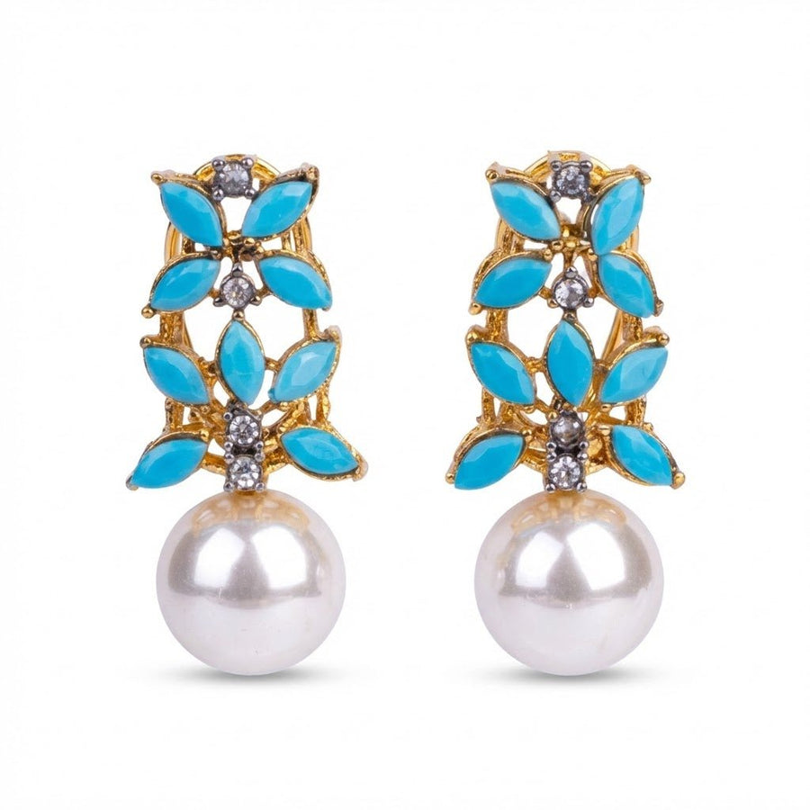 Pink beige marquise stones with large pearl drop earrings on white background
