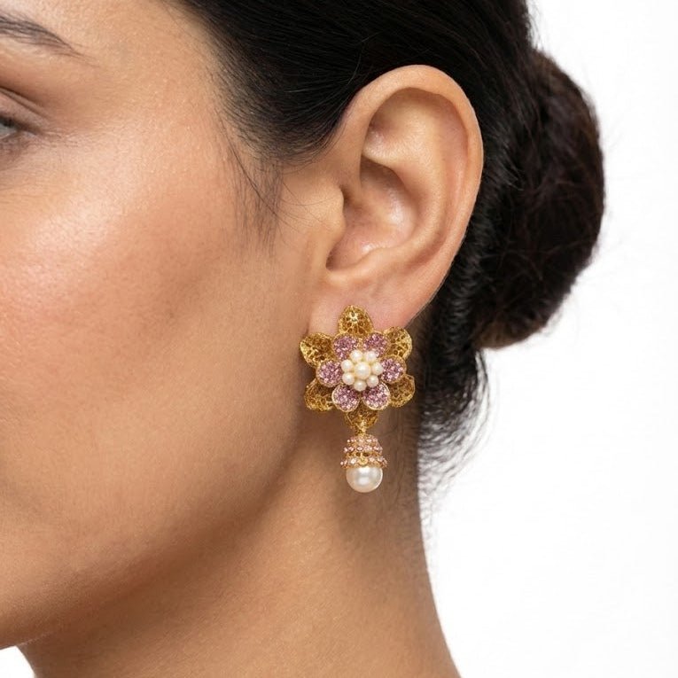 Pearl Petal Mini Jhumkas - Pehnaawaa