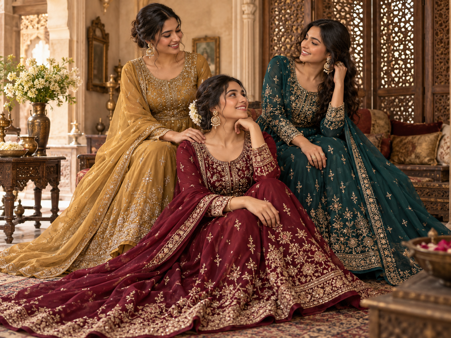 Three women in burgundy, antique mustard and deep teal occasionwear in an elegant heritage haveli