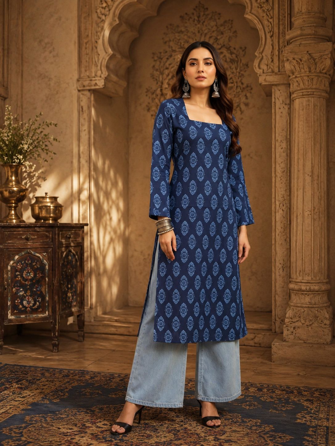 Woman wearing a blue patterned kurta with light blue trousers.