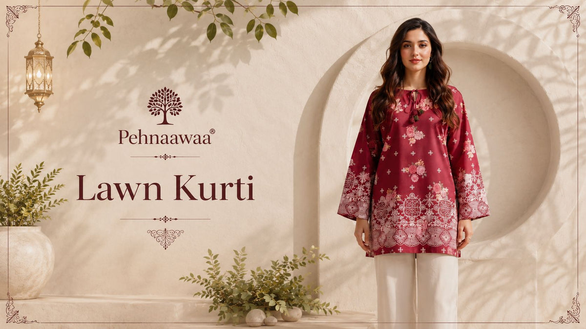 Pehnaawaa lawn kurti: woman wearing a burgundy and pink floral kurti with white trousers.