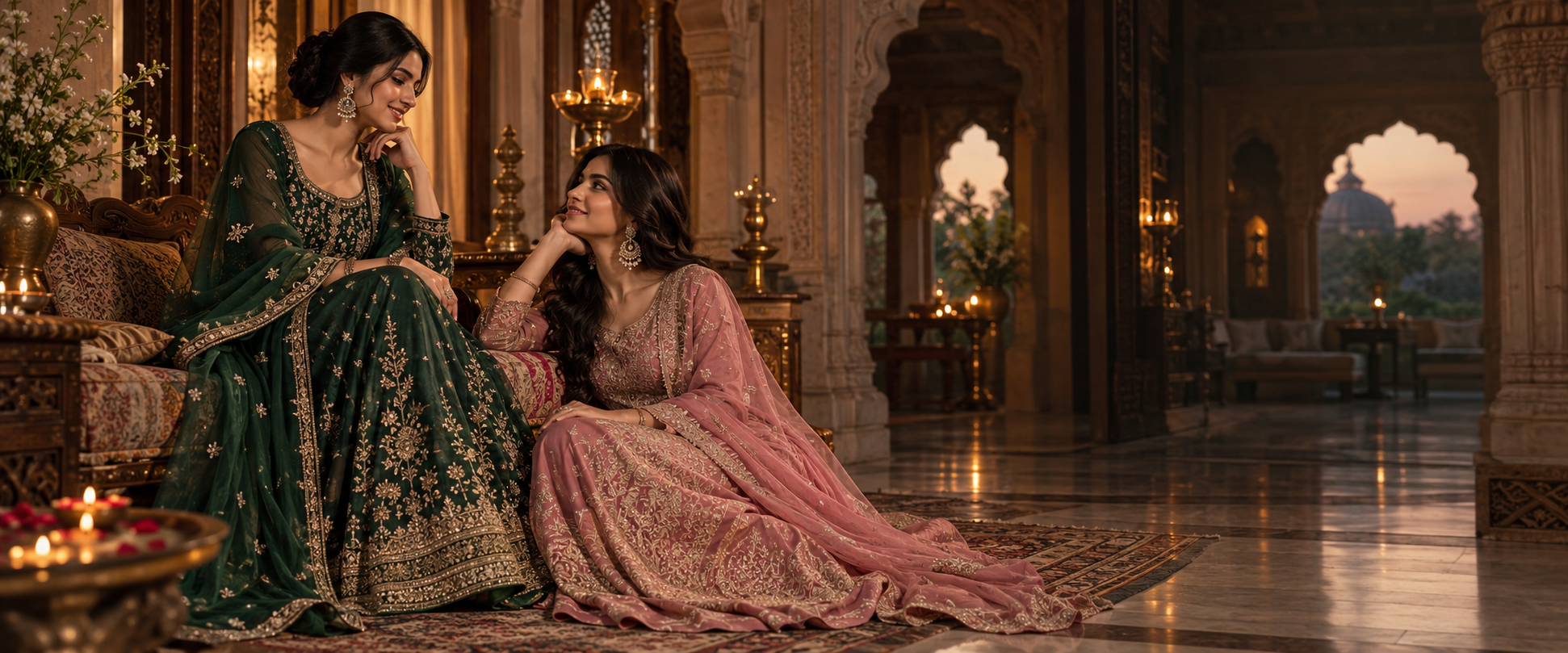 Emerald and rose embroidered occasionwear in an elegant lamp-lit haveli