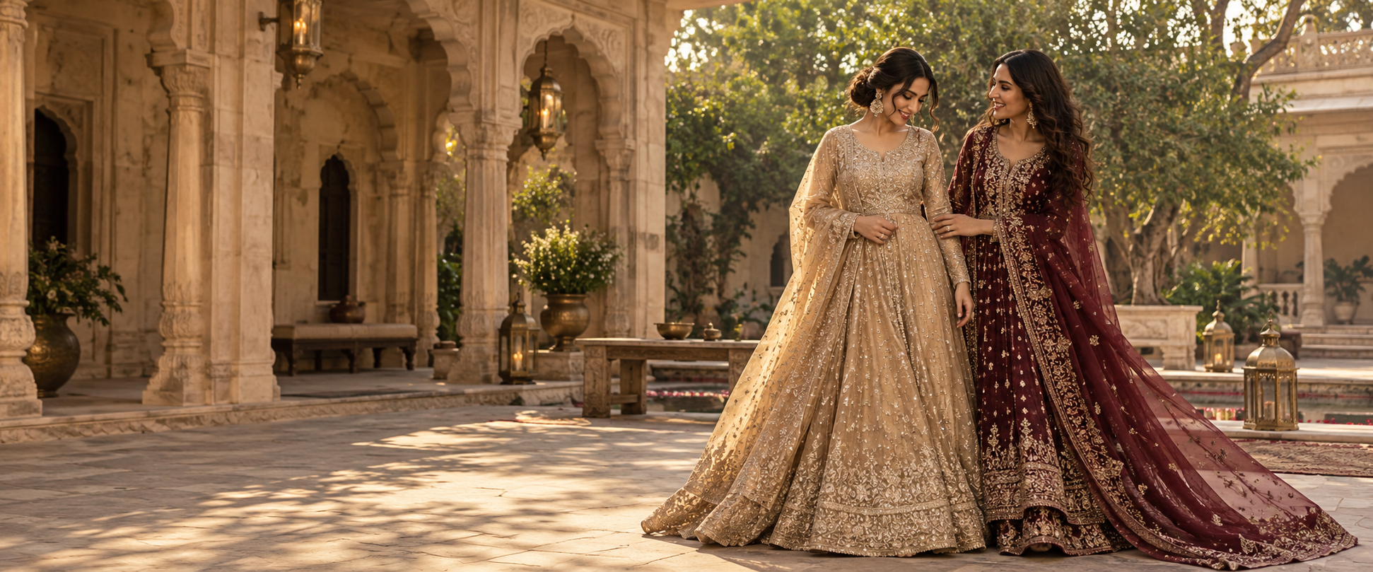 Two women in champagne and burgundy embroidered occasionwear in a sunlit heritage courtyard
