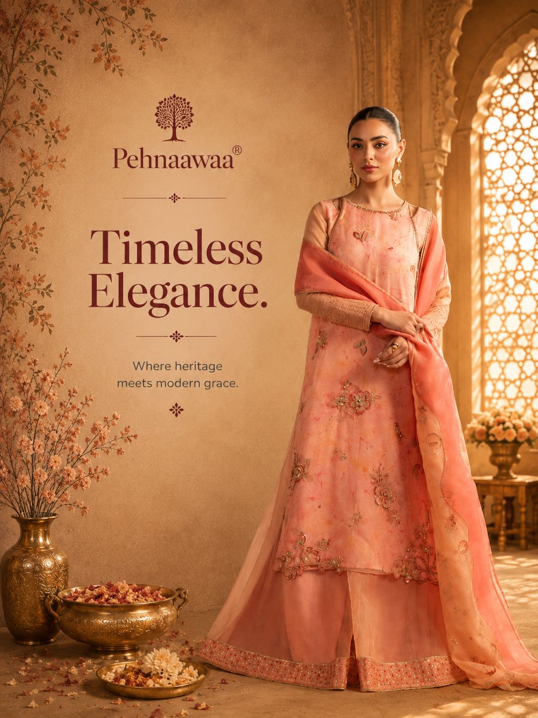 Timeless Elegance by Pehnaawaa: woman wearing a peach embroidered outfit.