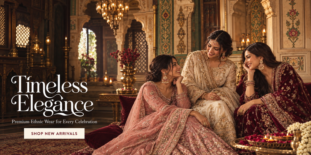 Timeless Elegance: women in pink, ivory and burgundy festive outfits. Premium ethnic wear for every celebration. Shop new arrivals.