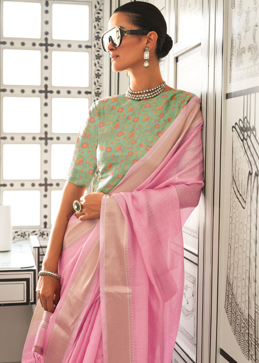 Pink Timeless Elegance Moss Chiffon Silk Saree – Grand & Bestselling Design