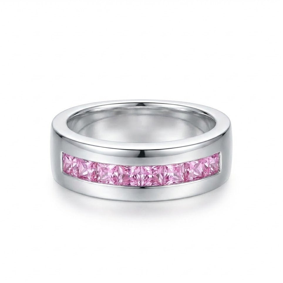 Silver Band Ring with Pink Stones