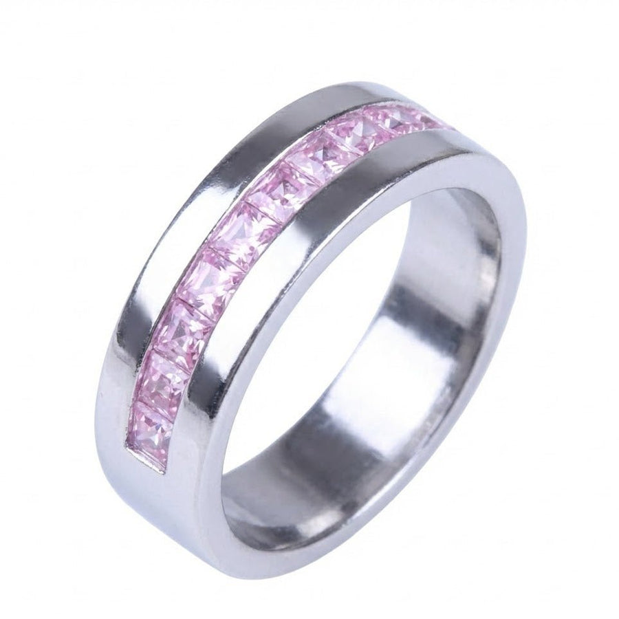 Angled view of silver band ring showing alignment of pink square stones across the center