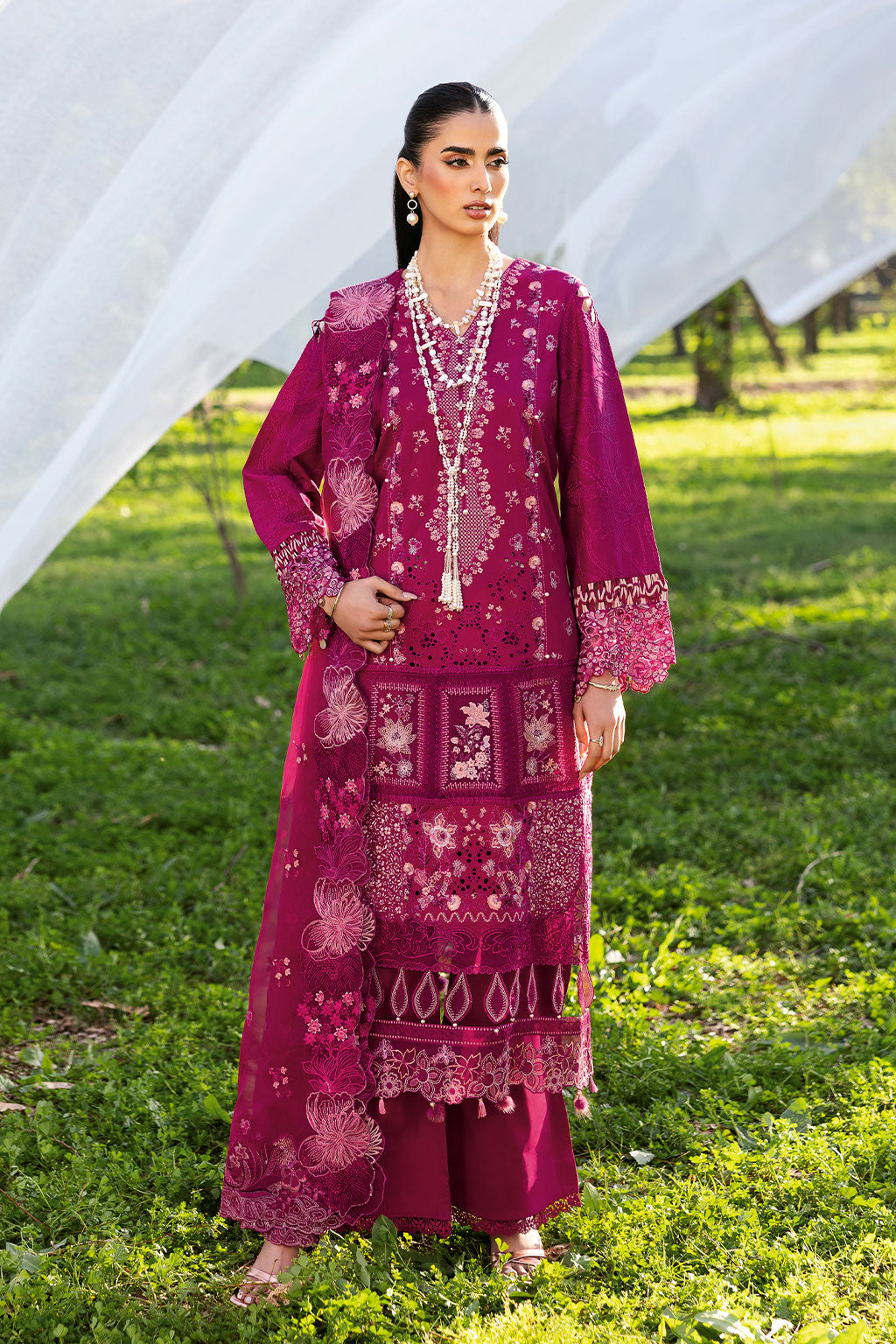 Fuchsia Grace Embroidered Lawn 3-Piece Suit with Embroidered Chiffon Dupatta