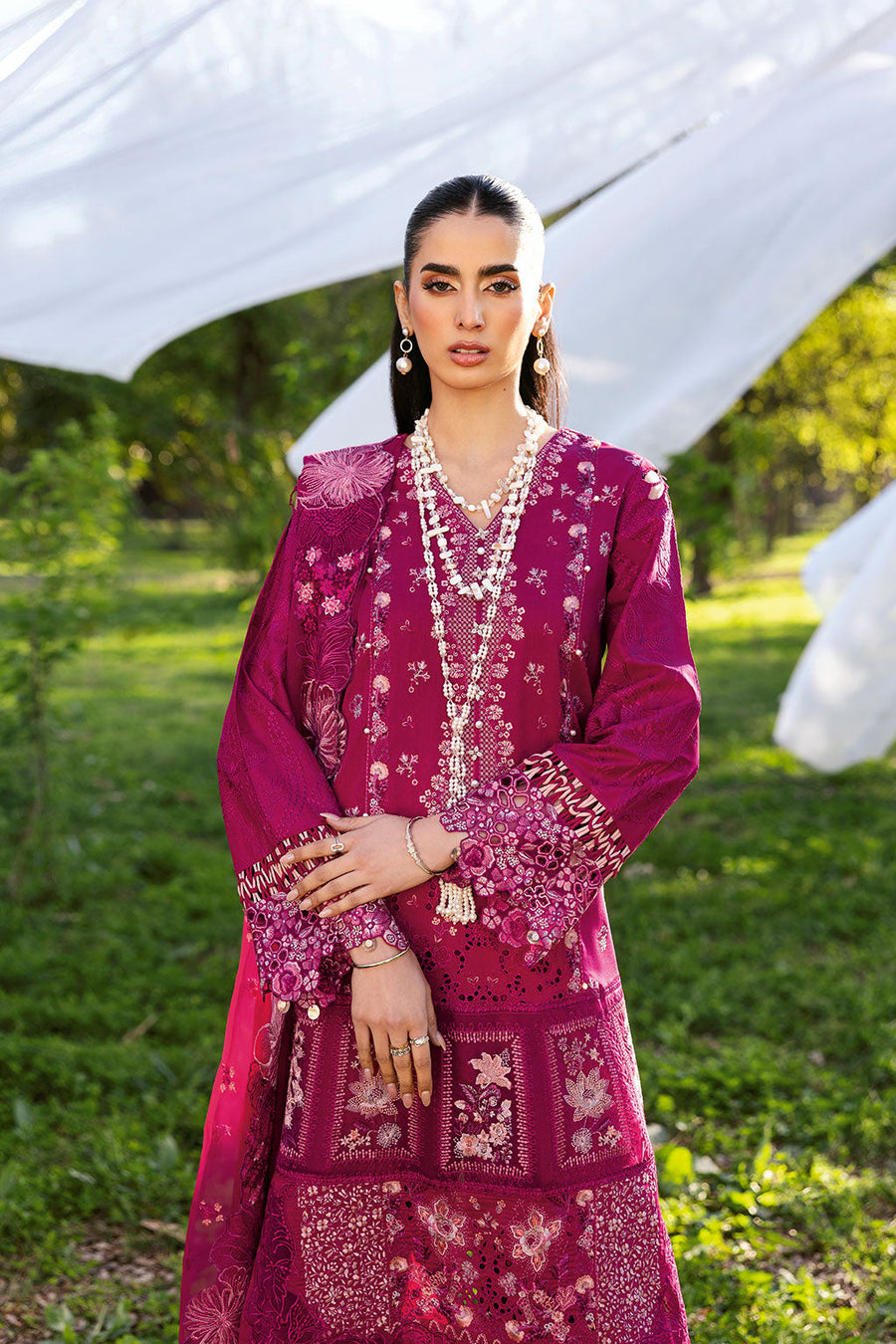 Fuchsia Grace Embroidered Lawn 3-Piece Suit with Embroidered Chiffon Dupatta - Pehnaawaa