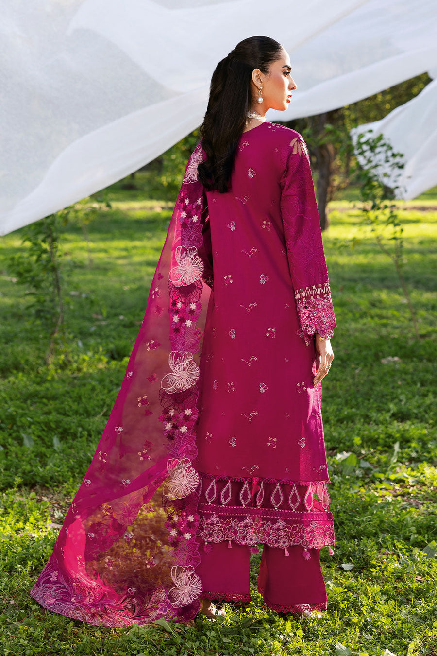 Fuchsia Grace Embroidered Lawn 3-Piece Suit with Embroidered Chiffon Dupatta - Pehnaawaa