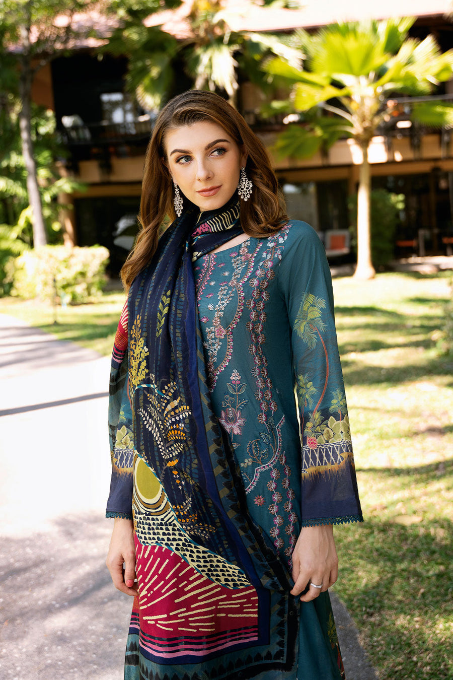 Teal Garden Embroidered Lawn 3-Piece Suit with Printed Silk Dupatta - Pehnaawaa