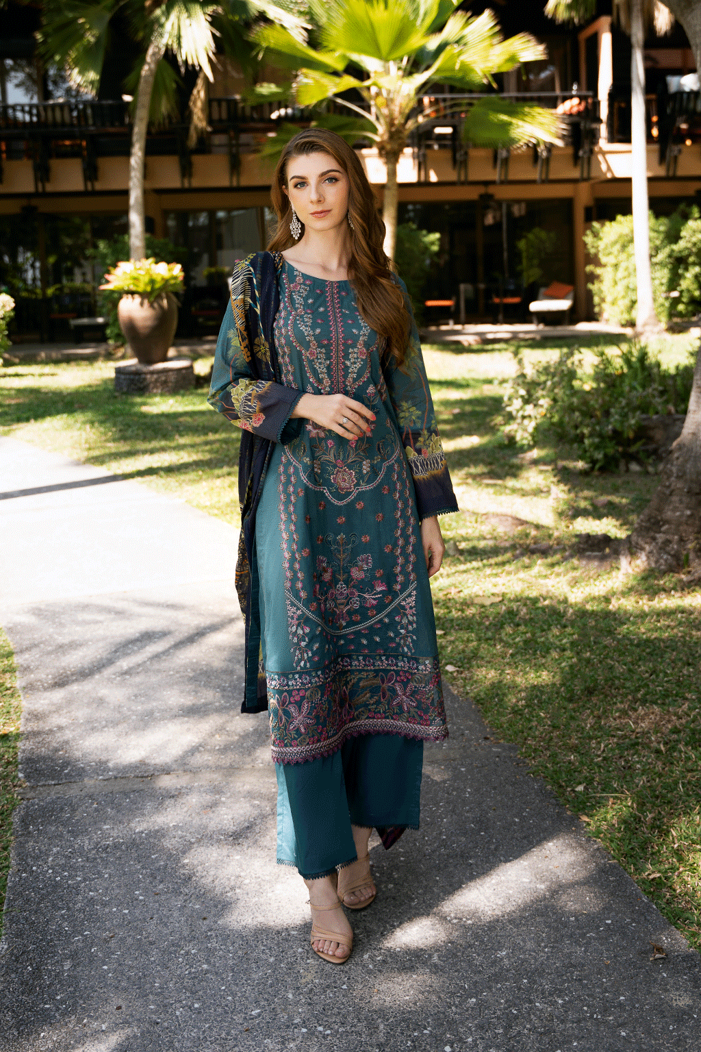 Teal Garden Embroidered Lawn 3-Piece Suit with Printed Silk Dupatta