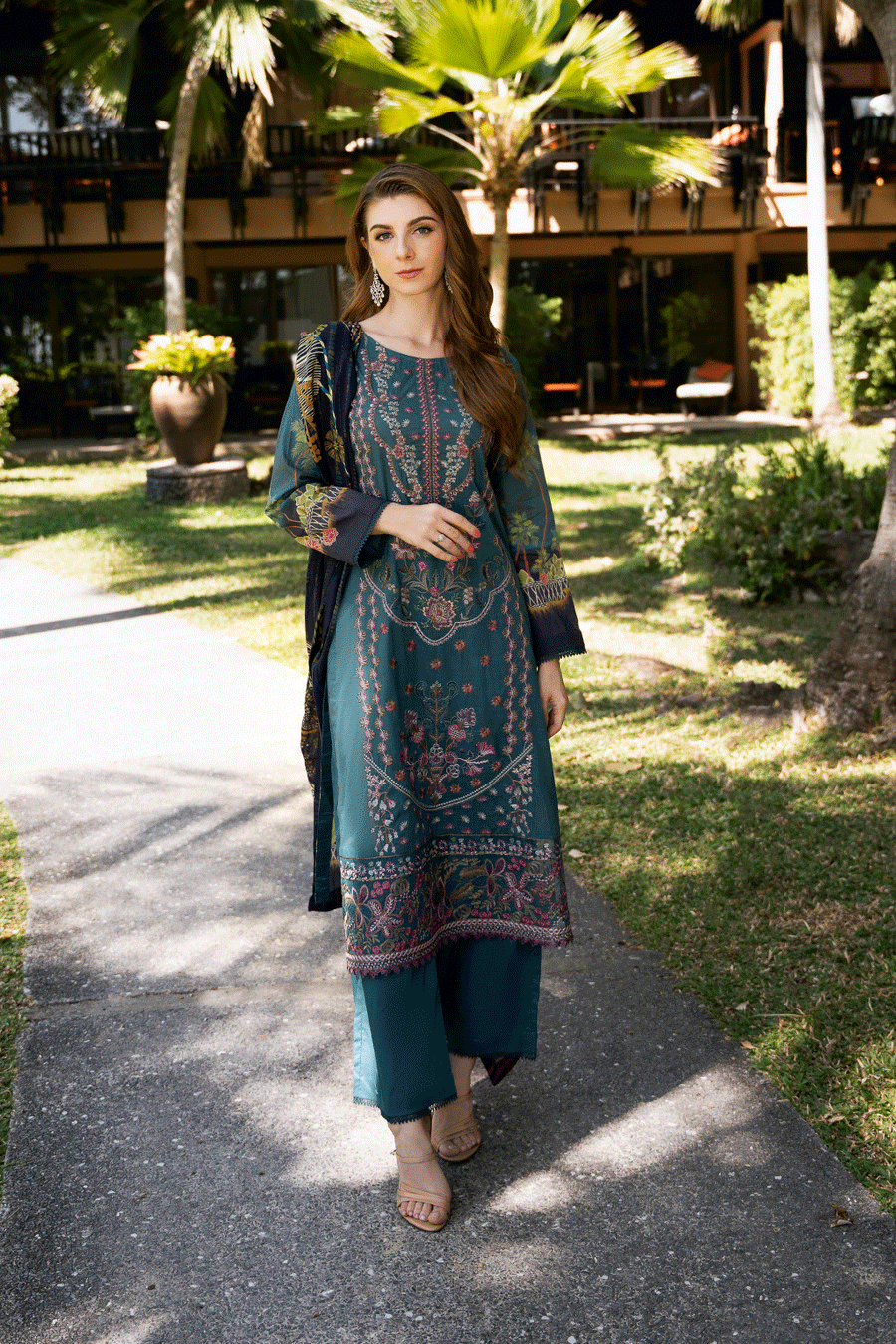 Teal Garden Embroidered Lawn 3-Piece Suit with Printed Silk Dupatta - Pehnaawaa