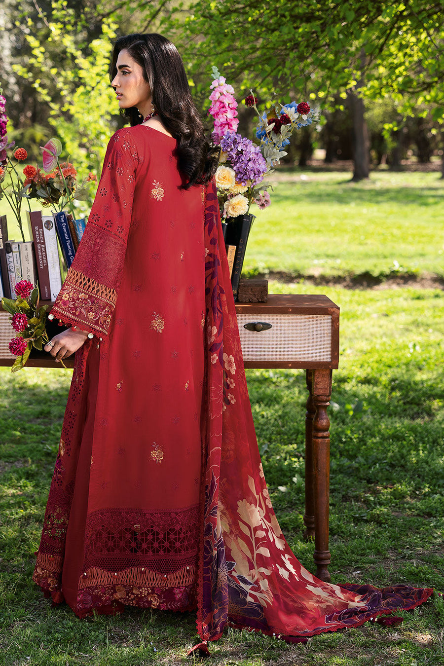 Ruby Luxe Embroidered Lawn 3-Piece Suit with Digital Printed Chiffon Dupatta - Pehnaawaa