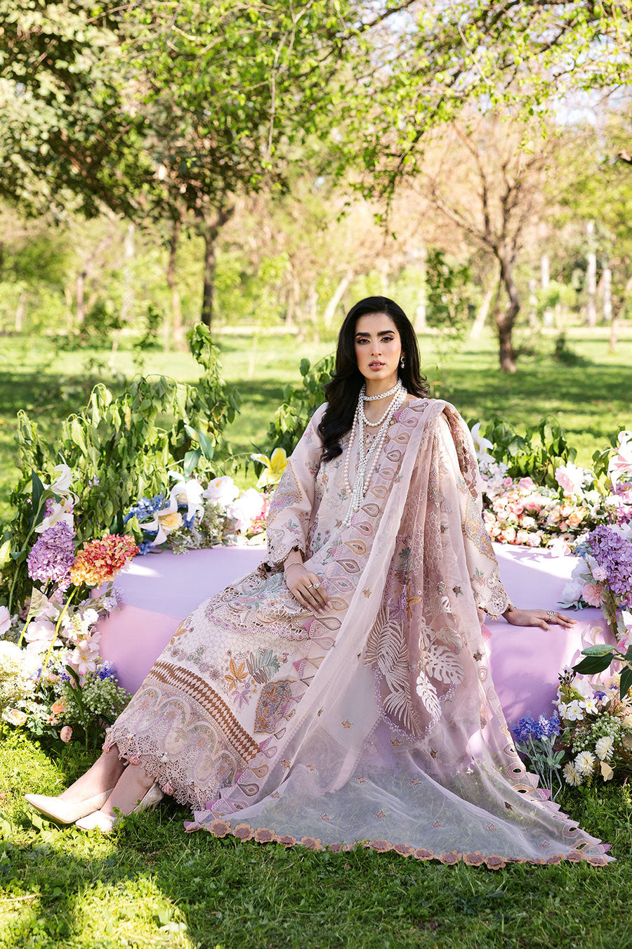 Blush Serenity Embroidered Lawn 3-Piece Suit with Embroidered Organza Dupatta - Pehnaawaa