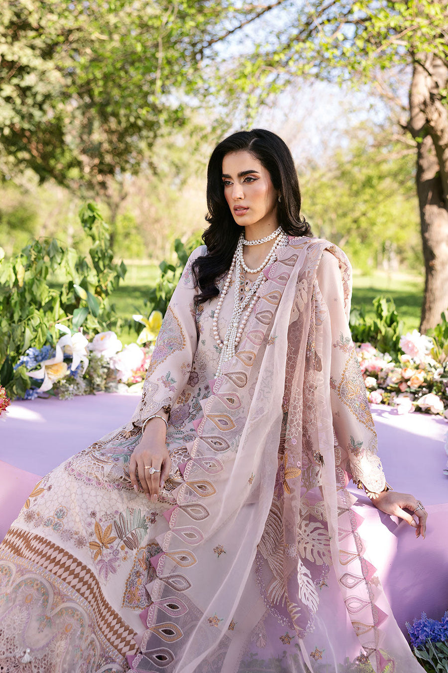 Blush Serenity Embroidered Lawn 3-Piece Suit with Embroidered Organza Dupatta - Pehnaawaa