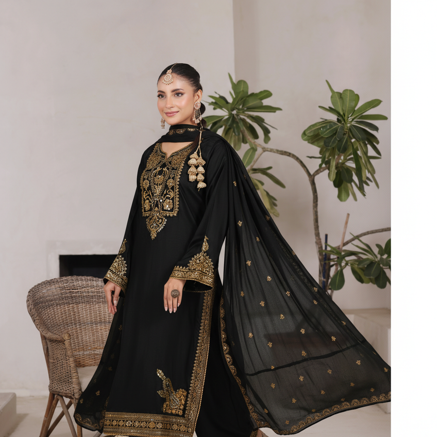 Black Gold Maherposh 3 Piece Embroidered Luxury Pret