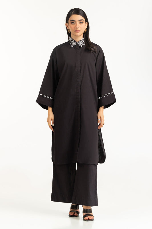 Midnight Crinkle Cotton 2-Piece Coord Set | Lace Collar