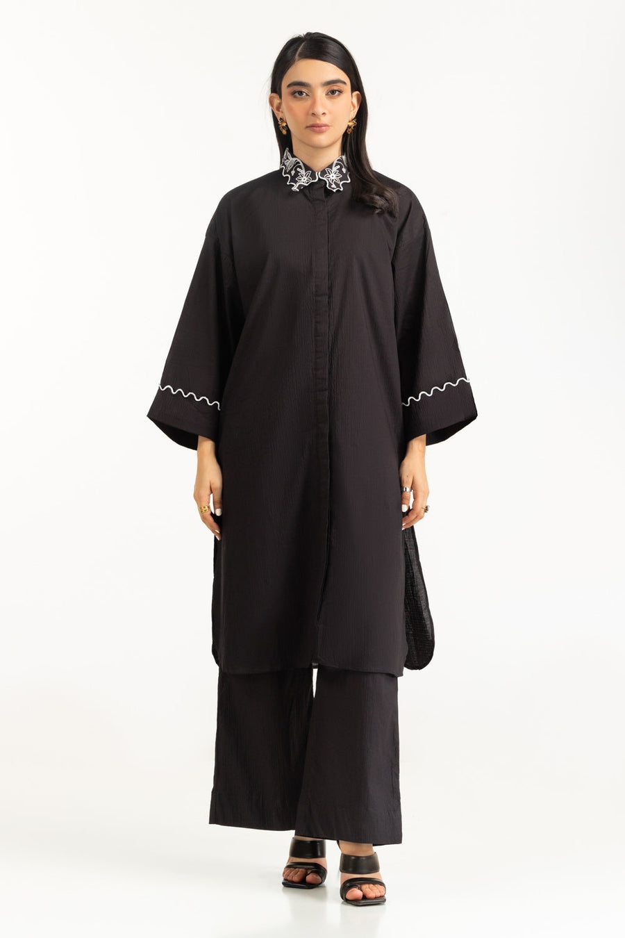 Midnight Crinkle Cotton 2-Piece Coord Set | Lace Collar