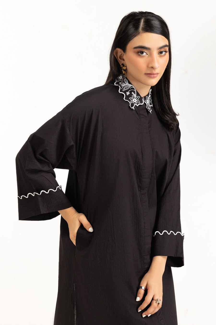 Midnight Crinkle Cotton 2-Piece Coord Set | Lace Collar