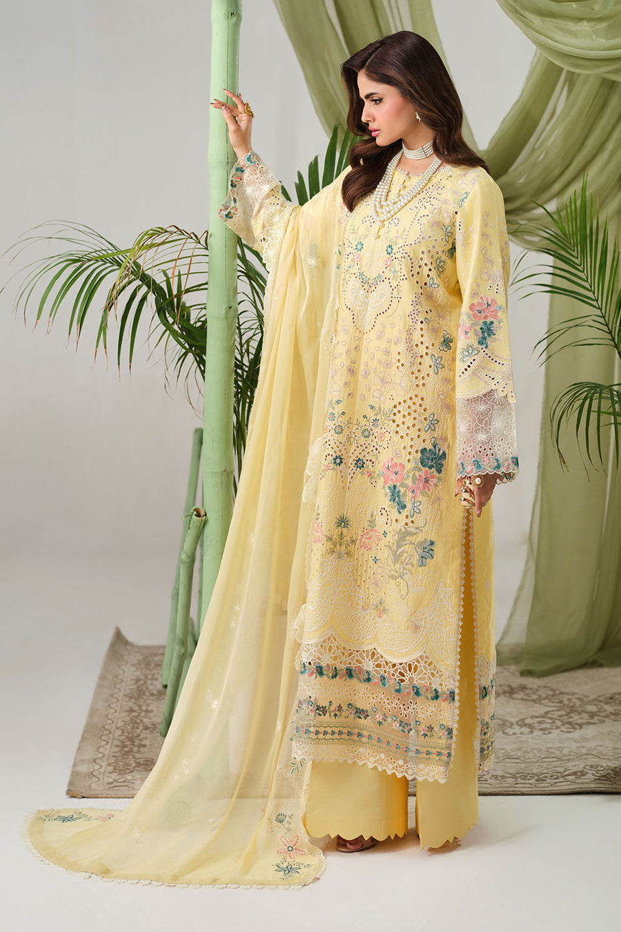 Pastel Yellow Embroidered Lawn Suit with Chiffon Dupatta
