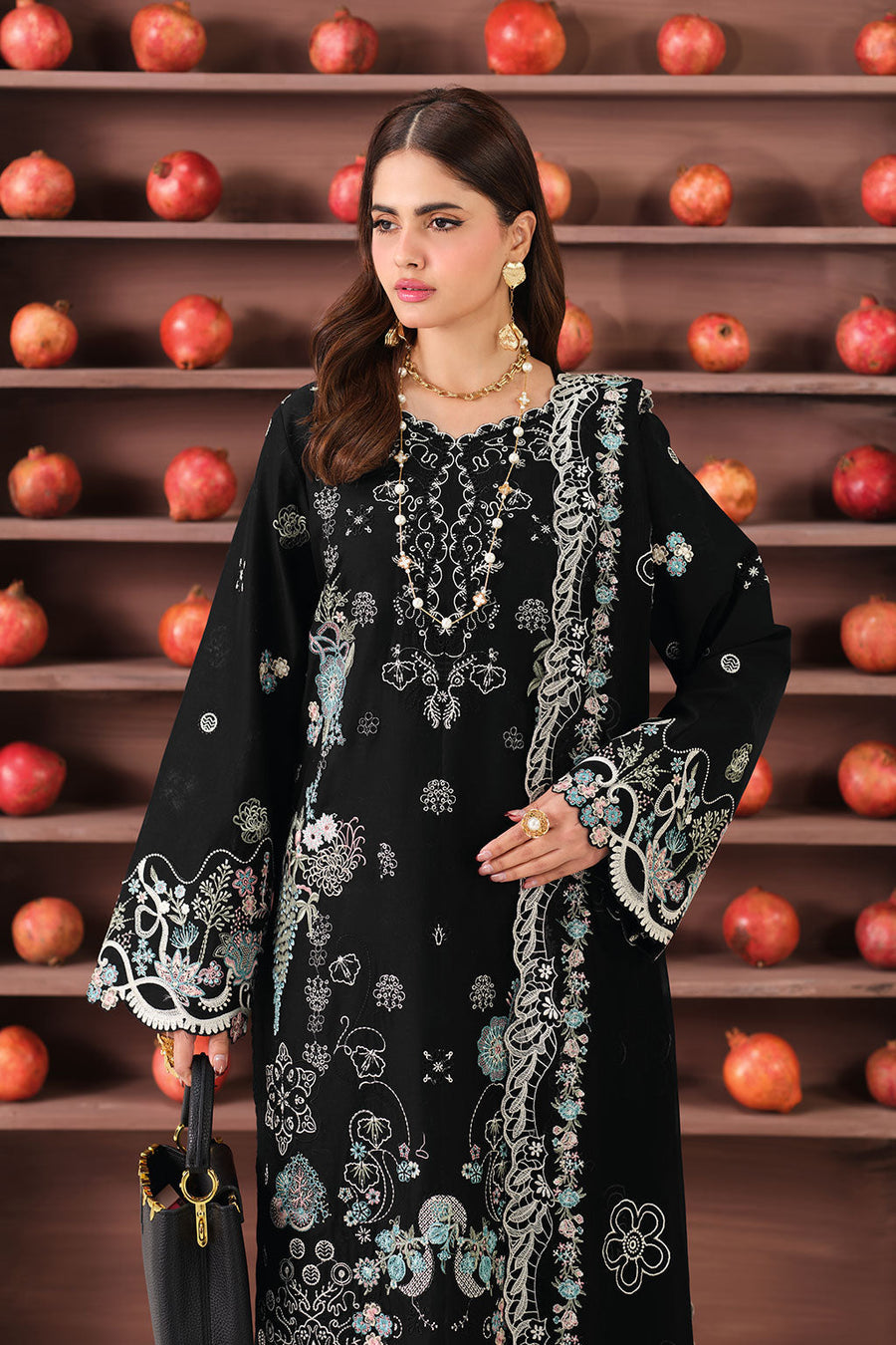 Black Multicolour Embroidered Lawn Suit with Chiffon Dupatta