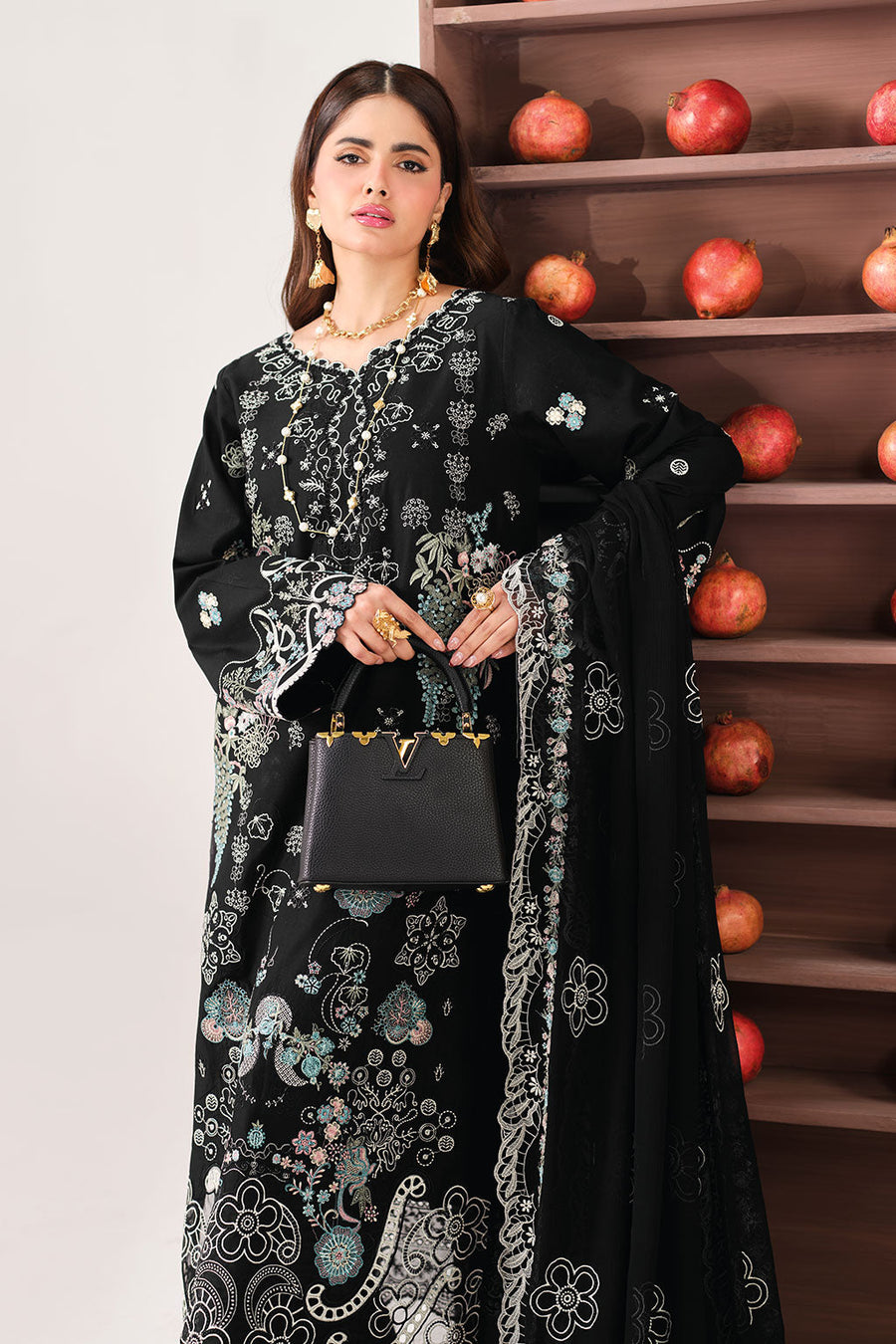 Black Multicolour Embroidered Lawn Suit with Chiffon Dupatta