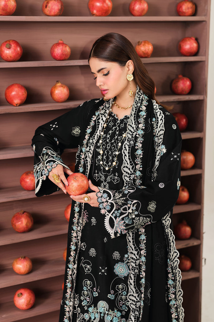 Black Multicolour Embroidered Lawn Suit with Chiffon Dupatta