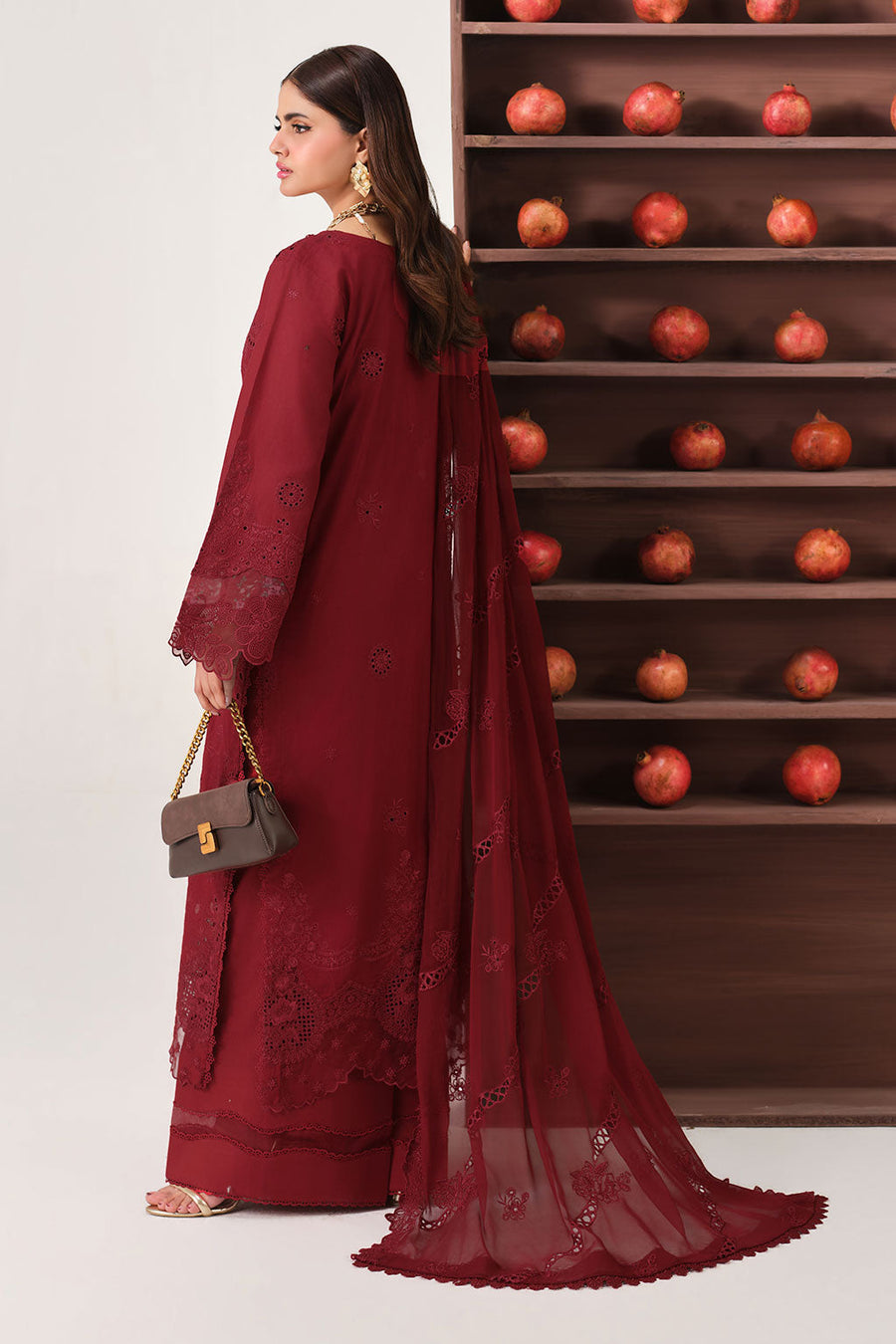 Deep Maroon Embroidered Lawn Suit with Chiffon Dupatta