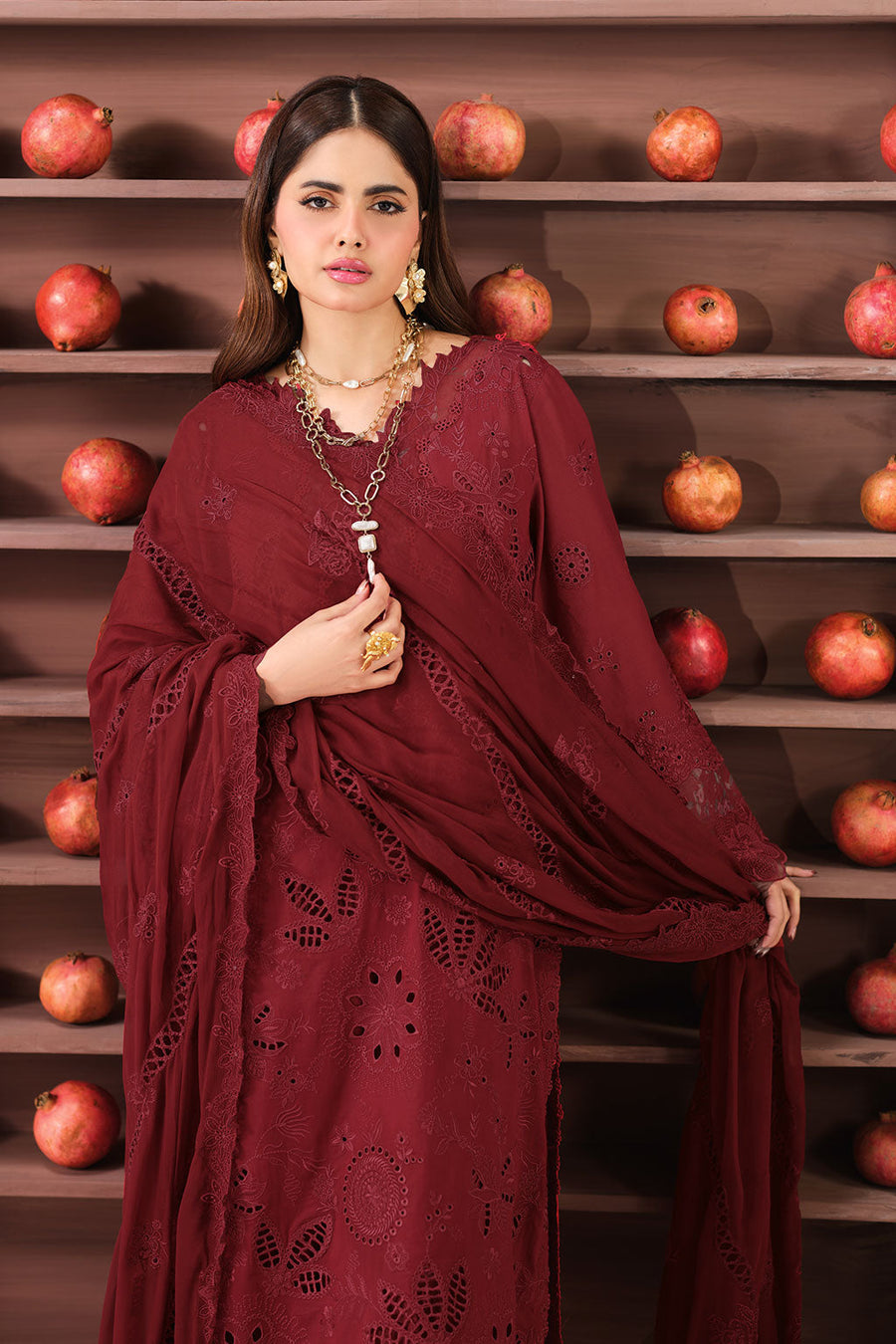 Deep Maroon Embroidered Lawn Suit with Chiffon Dupatta