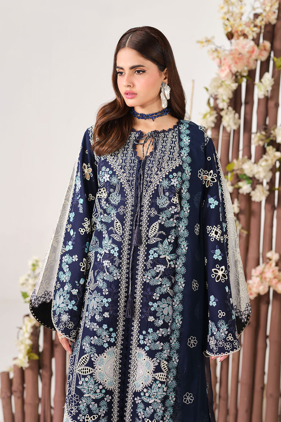 Navy Blue Embroidered Lawn Suit with Silk Patches and Chiffon Dupatta