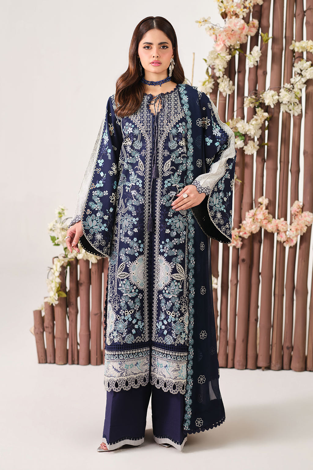 Navy Blue Embroidered Lawn Suit with Silk Patches and Chiffon Dupatta