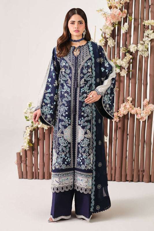 Navy Blue Embroidered Lawn Suit with Silk Patches and Chiffon Dupatta