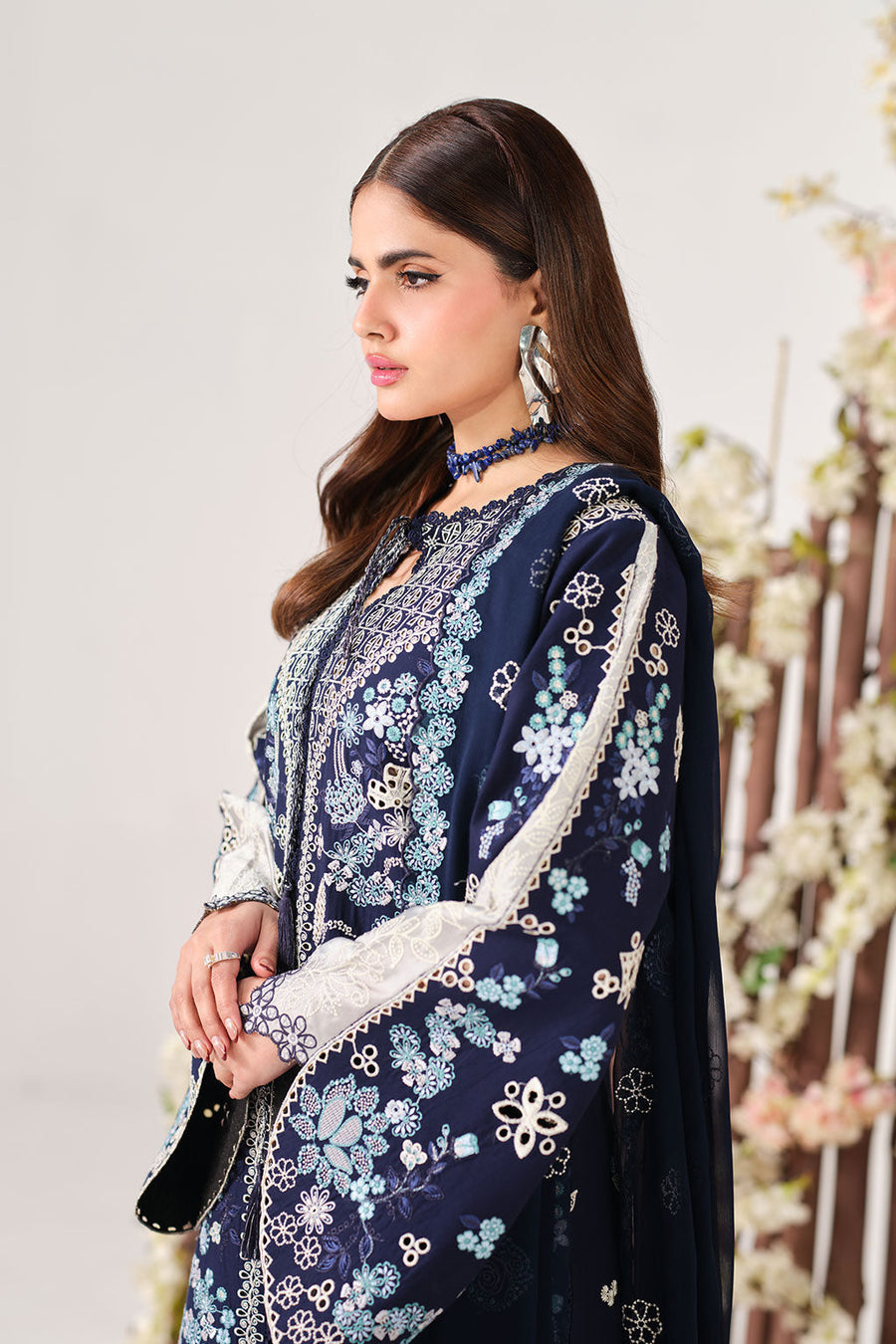 Navy Blue Embroidered Lawn Suit with Silk Patches and Chiffon Dupatta