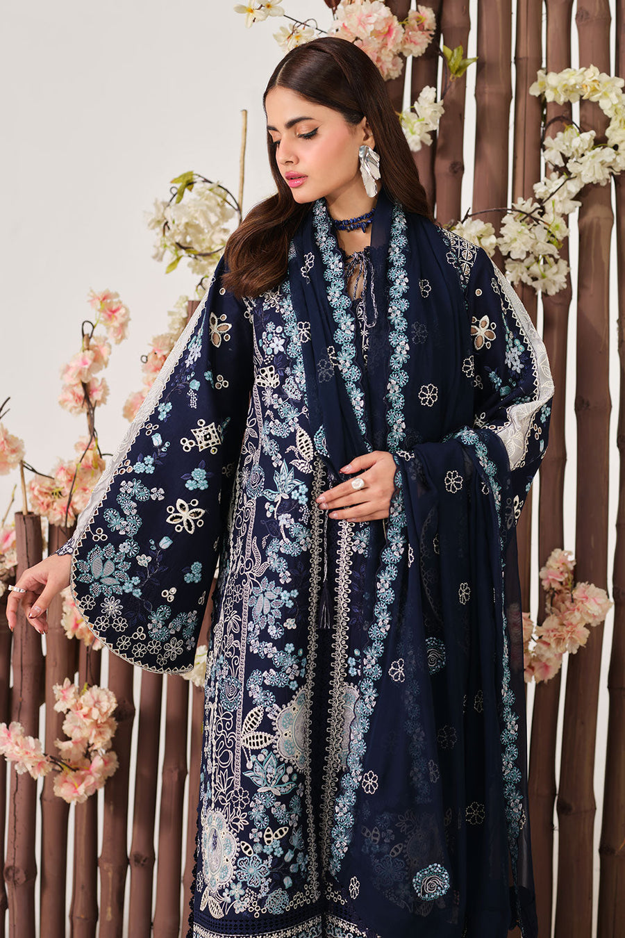 Navy Blue Embroidered Lawn Suit with Silk Patches and Chiffon Dupatta