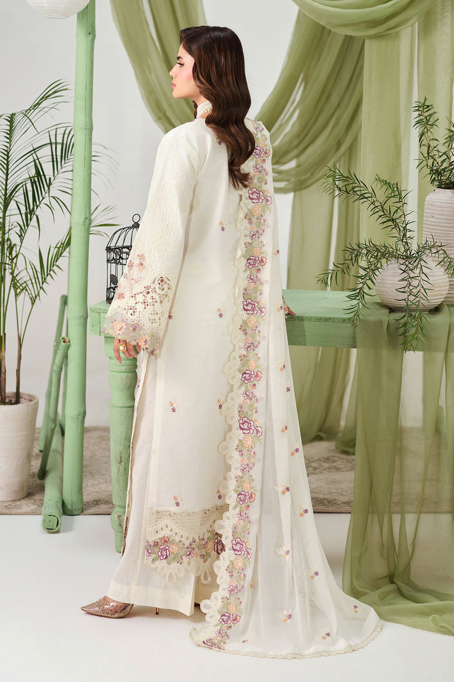 Ivory Multicolour Embroidered Lawn Suit with Chiffon Dupatta