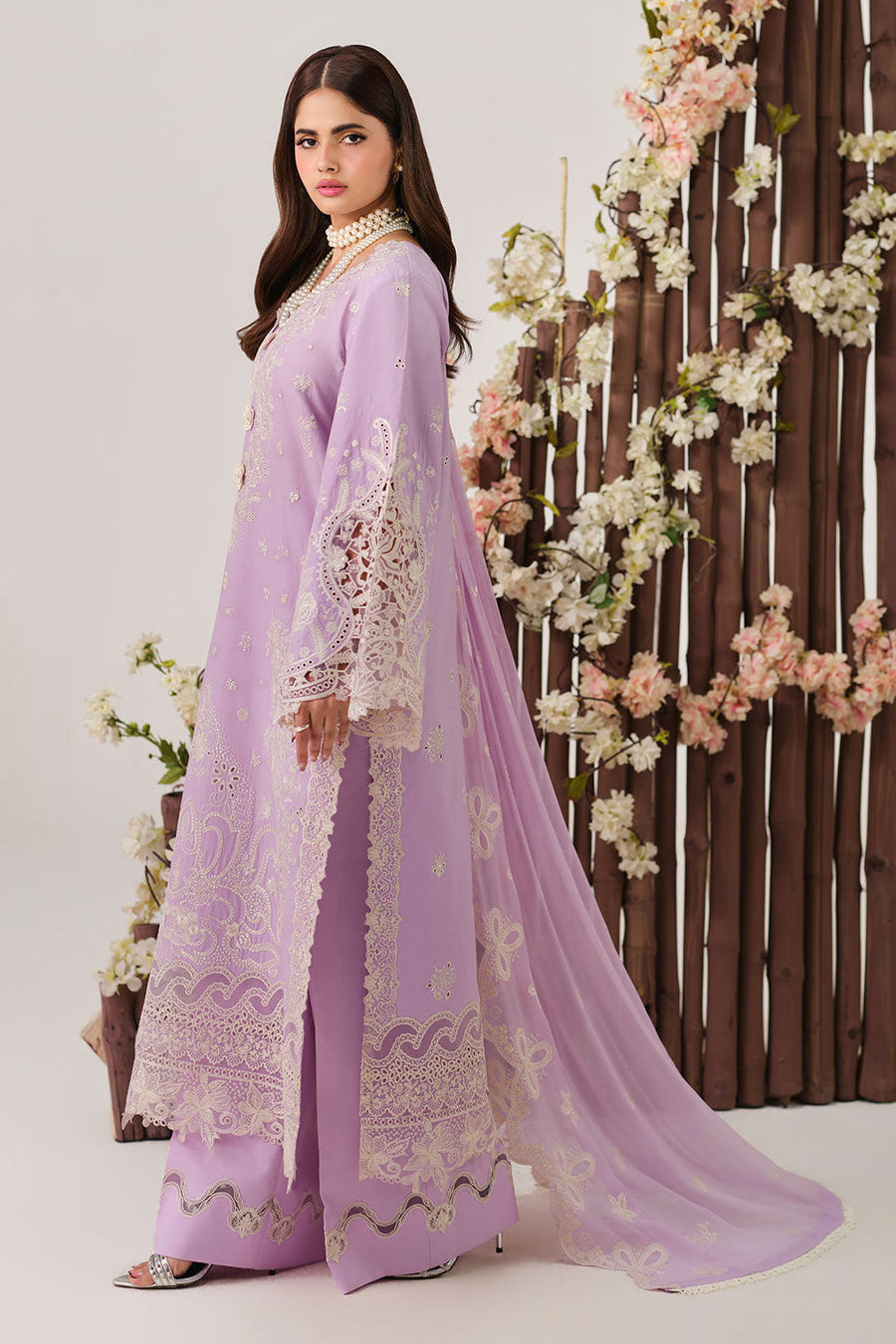 Lilac Embroidered Lawn Suit with Chiffon Dupatta and Organza Trouser Border