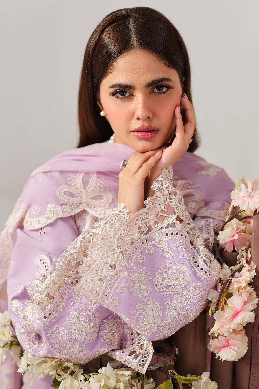 Lilac Embroidered Lawn Suit with Chiffon Dupatta and Organza Trouser Border