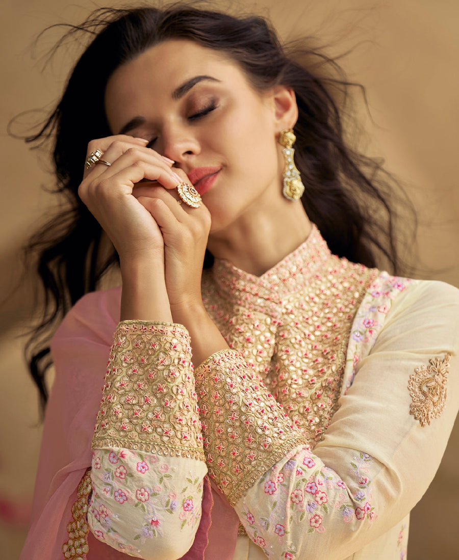 Ivory Pure Silk Anarkali Suit with Pink Embroidered Dupatta