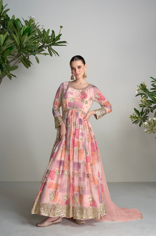 Pink Chinon Anarkali Suit with Embroidery & Mirror Work