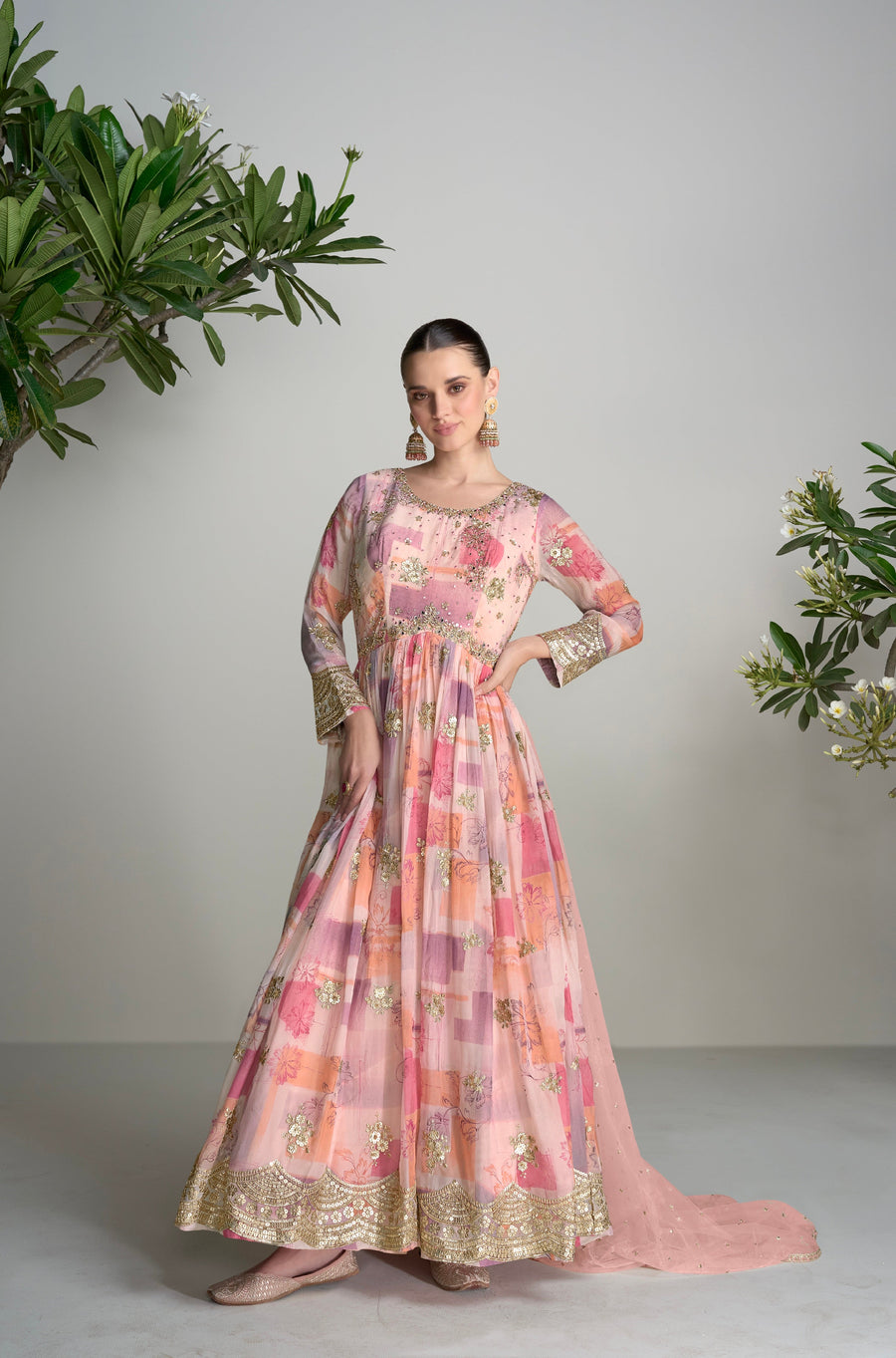Pink Chinon Anarkali Suit with Embroidery & Mirror Work